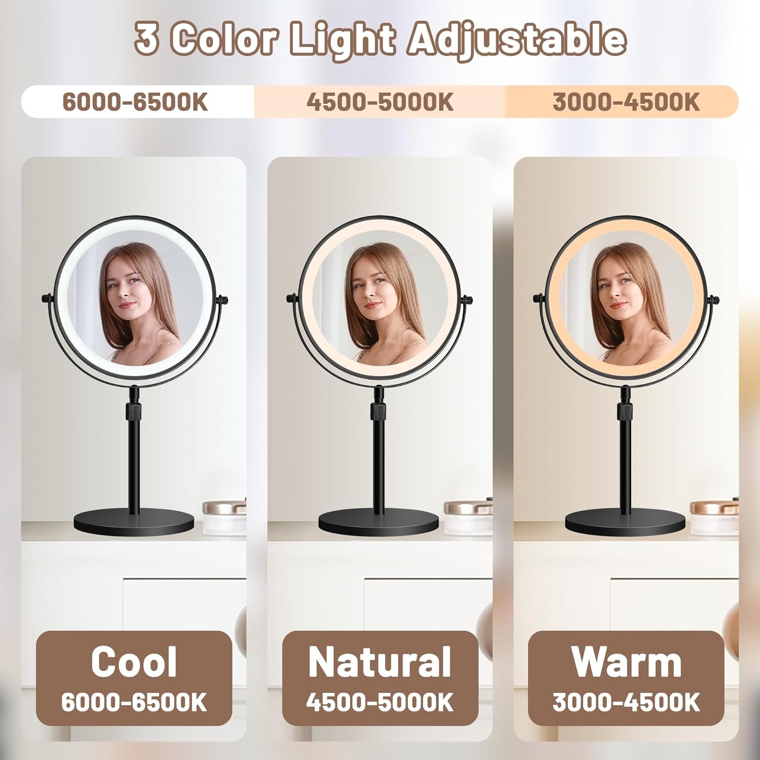 8-Inch Magnifying Makeup Mirror with Light & 3000Mah Rechargeable Battery, Portable Double-Sided LED Vanity Mirror, Offering 1X/5X Magnification, 3-Color Lights & Adjustable Brightness