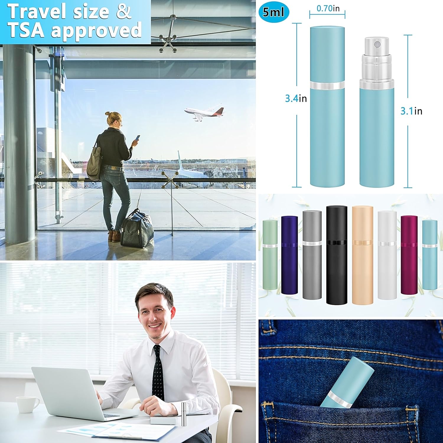 Refillable Perfume Atomiser Travel Bottle -  2-Pack 5Ml Leakproof Luxury Travel Perfume Refillable Bottle, Portable Fragrance Atomiser (Light Blue & Light Green)