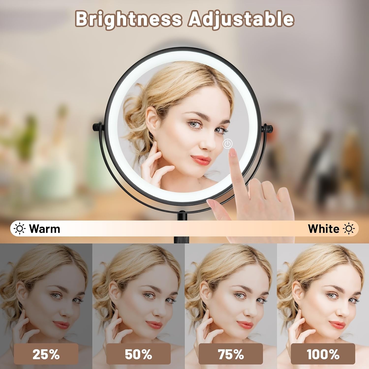 8-Inch Magnifying Makeup Mirror with Light & 3000Mah Rechargeable Battery, Portable Double-Sided LED Vanity Mirror, Offering 1X/5X Magnification, 3-Color Lights & Adjustable Brightness
