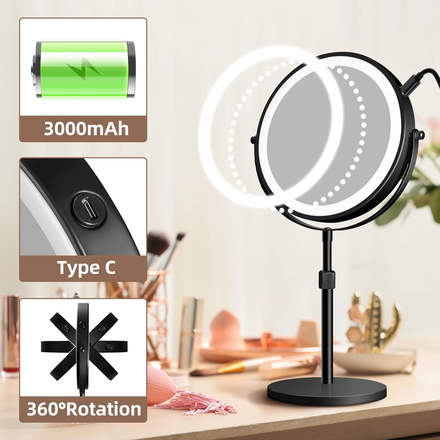 8-Inch Magnifying Makeup Mirror with Light & 3000Mah Rechargeable Battery, Portable Double-Sided LED Vanity Mirror, Offering 1X/5X Magnification, 3-Color Lights & Adjustable Brightness