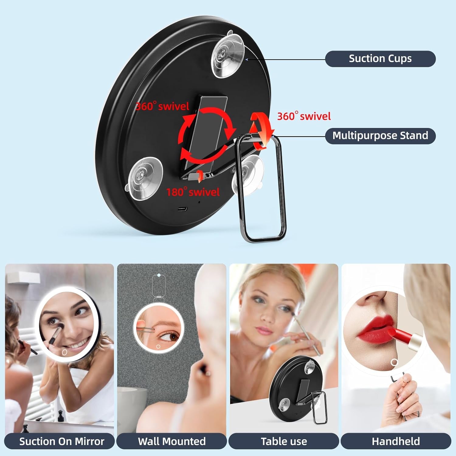 20X Magnifying Makeup Mirror with Dimmable LED Lights - 6-Inch Handheld & Hanging Travel Mirror with Suction Cups, Adjustable Bracket, Tweezers & Scissors Included