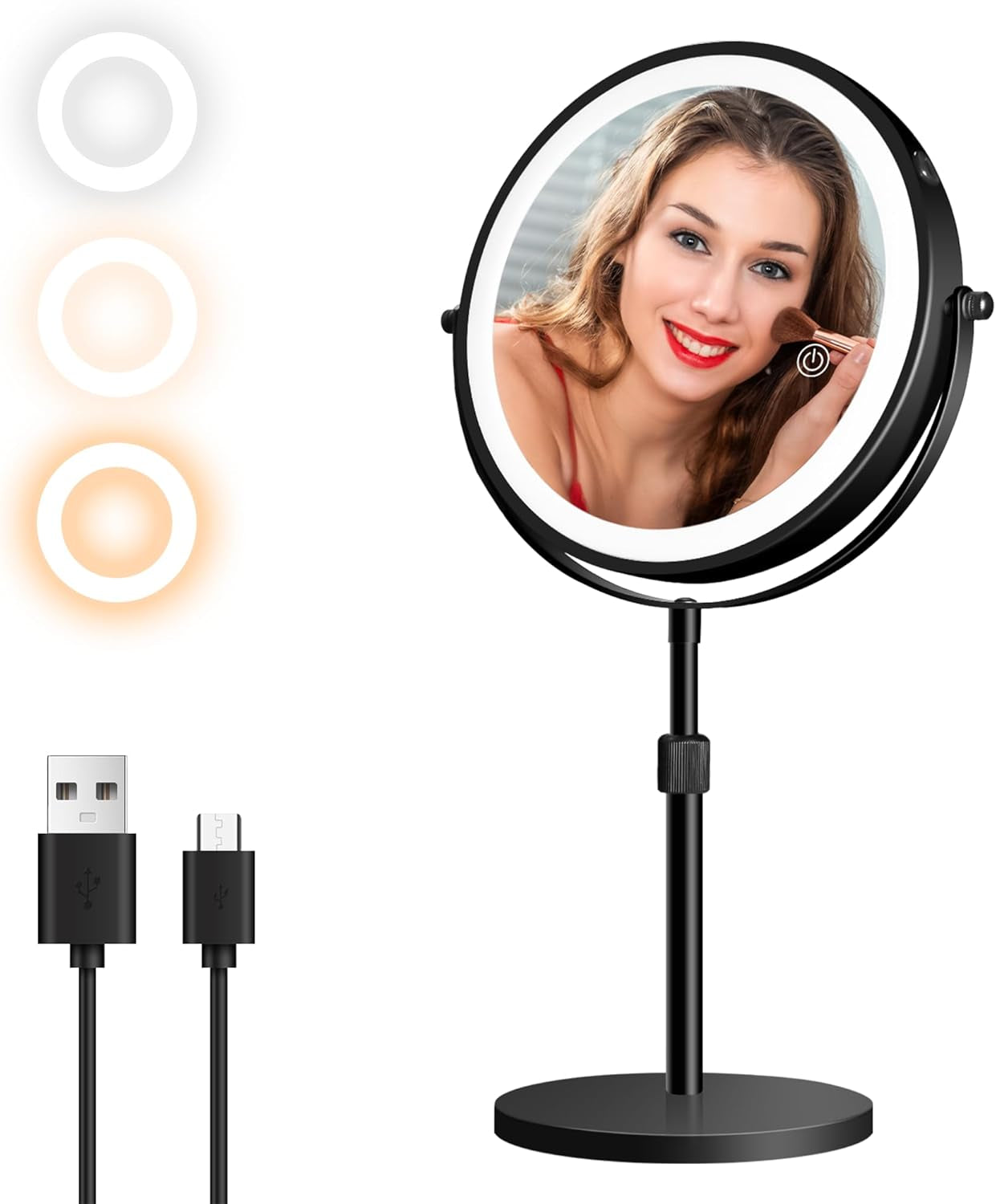 8-Inch Magnifying Makeup Mirror with Light & 3000Mah Rechargeable Battery, Portable Double-Sided LED Vanity Mirror, Offering 1X/5X Magnification, 3-Color Lights & Adjustable Brightness