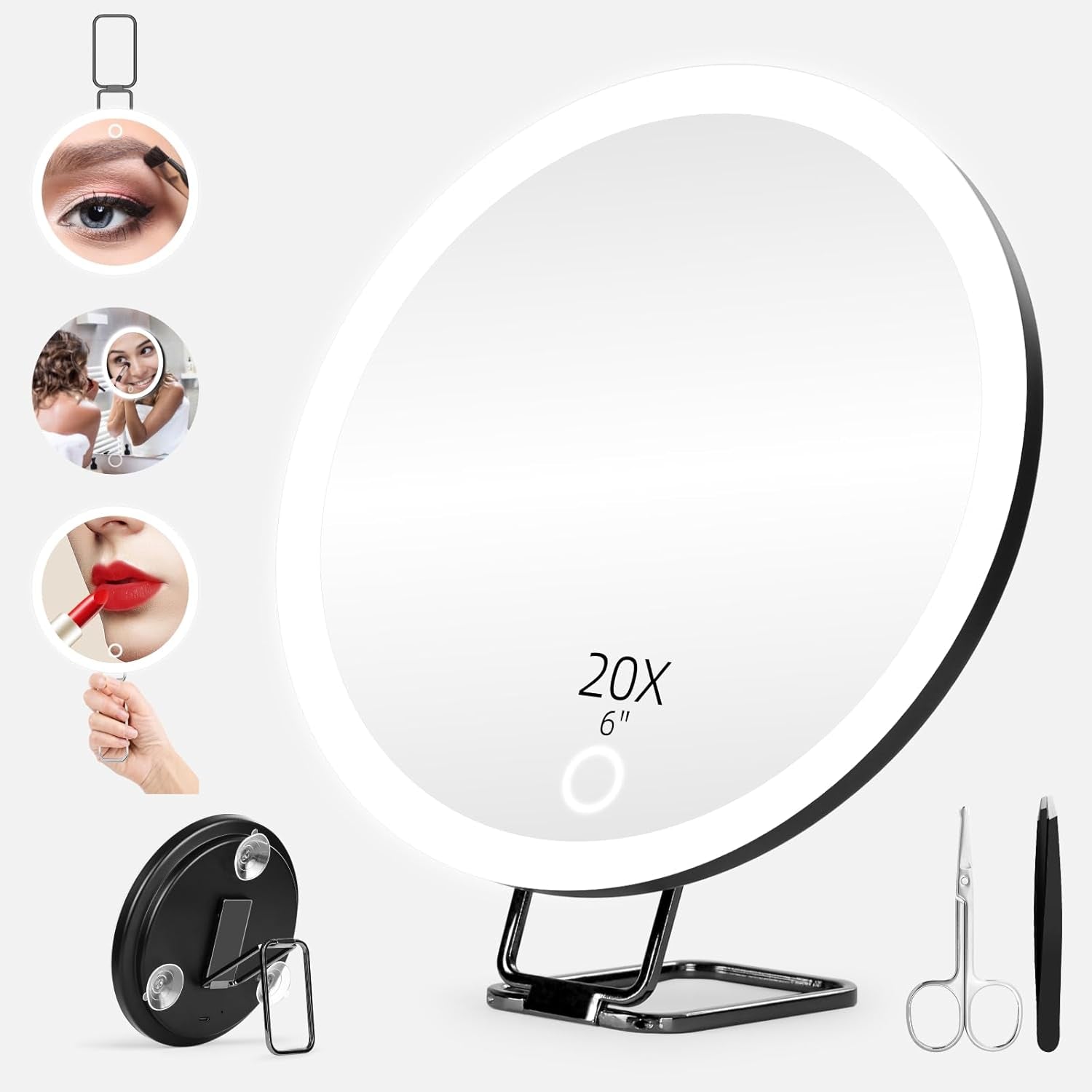 20X Magnifying Makeup Mirror with Dimmable LED Lights - 6-Inch Handheld & Hanging Travel Mirror with Suction Cups, Adjustable Bracket, Tweezers & Scissors Included