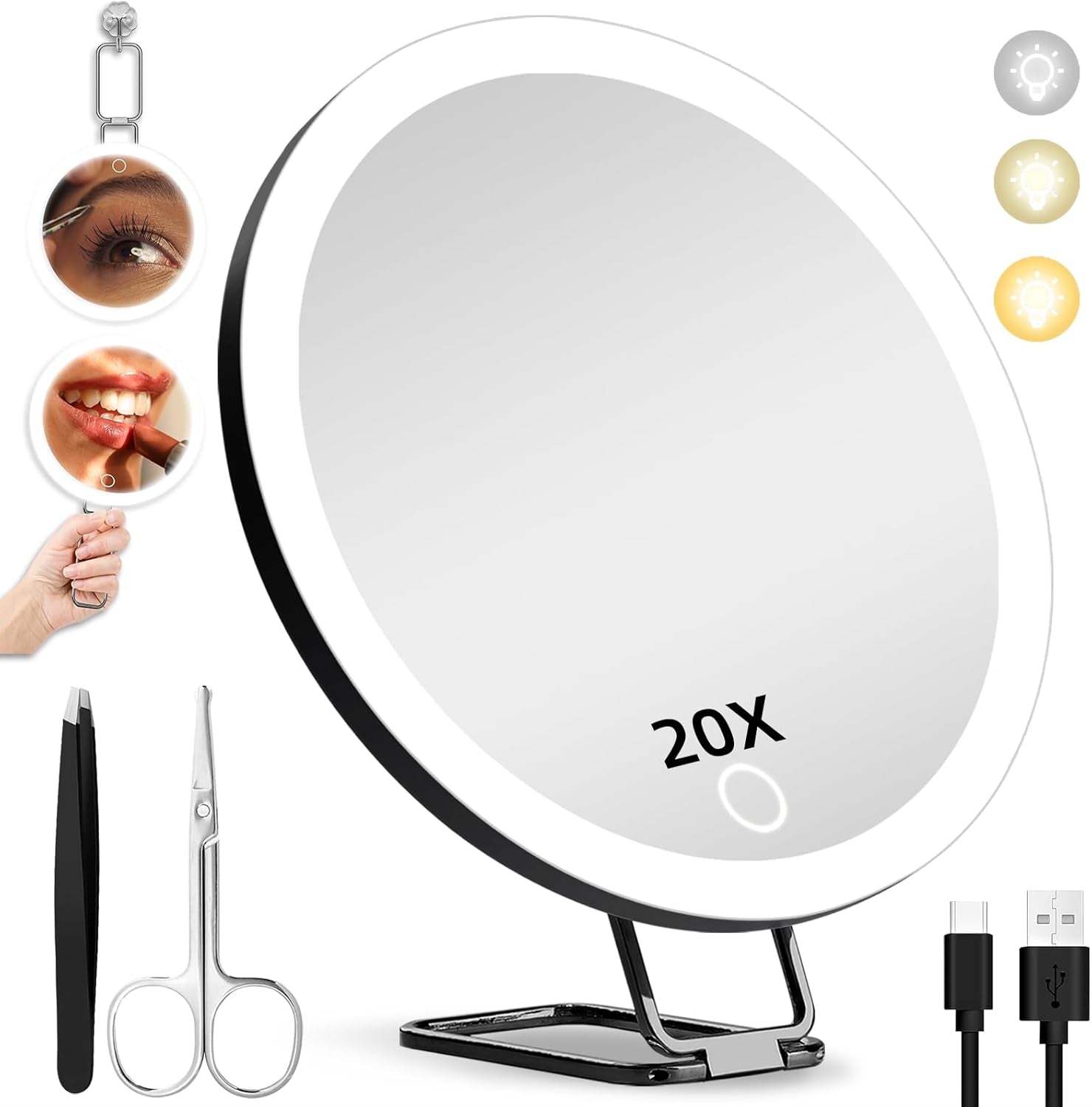 20X Magnifying Makeup Mirror with Dimmable LED Lights - 6-Inch Handheld & Hanging Travel Mirror with Suction Cups, Adjustable Bracket, Tweezers & Scissors Included
