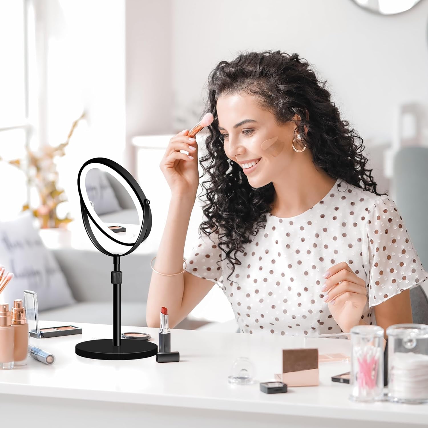8-Inch Magnifying Makeup Mirror with Light & 3000Mah Rechargeable Battery, Portable Double-Sided LED Vanity Mirror, Offering 1X/5X Magnification, 3-Color Lights & Adjustable Brightness